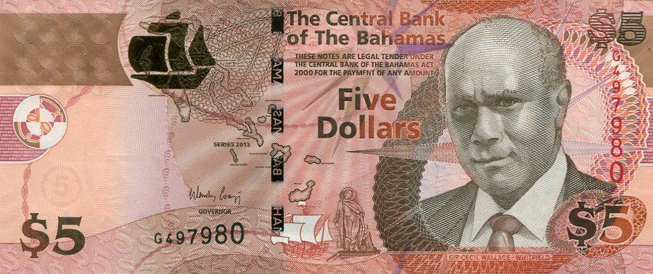 P72A Bahamas 5 Dollars Year 2013