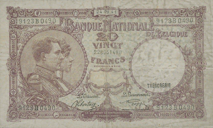 P 41 Belgium 20 Francs Year 1941