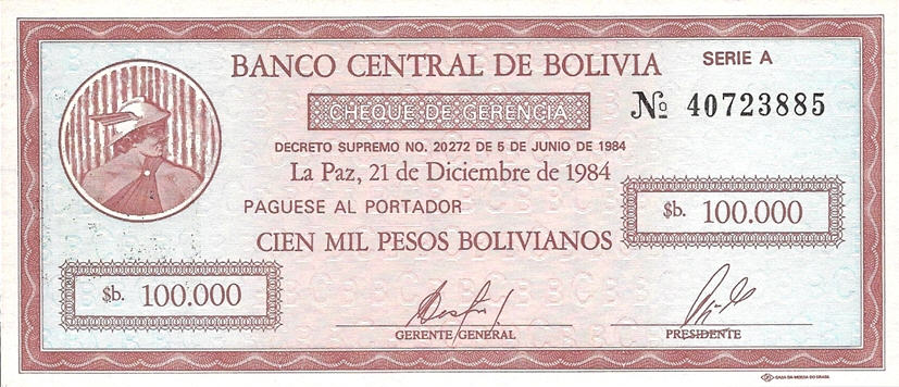 P188 Bolivia 100.000 Pesos Bolivianos Year 1984