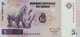 P 86A Congo Dem. Rep. 5 Francs Year 1997