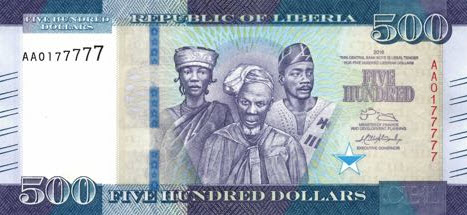 P36 Liberia 500 Dollars Year 2016