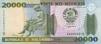 P140 Mozambique 20.000 Meticaos Year 1999