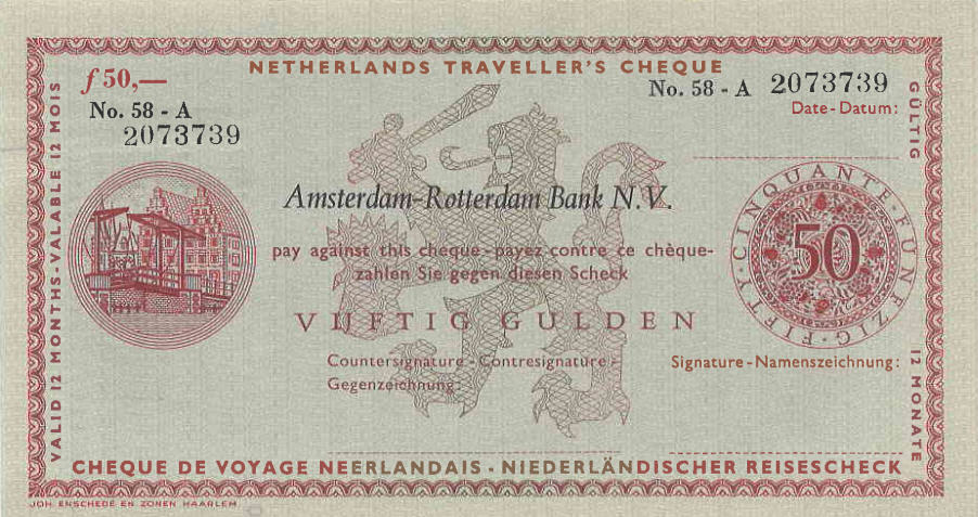 N.I.P. Netherlands Traveler Cheque AMRO Bank  50 Gulden