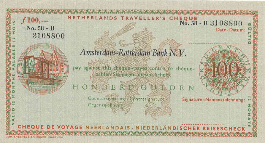 N.I.P. Netherlands Traveler Cheque AMRO Bank 100 Gulden