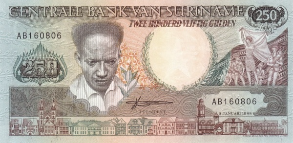 P134 Surinam - 250 Gulden Year 1988