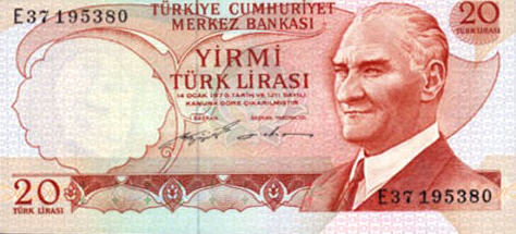 P187a Turkey 20 Lira Year nd