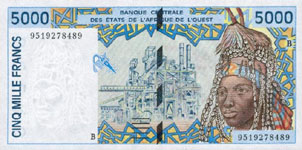 P213b Benin W.A.S. D  5000 Francs Year 2002
