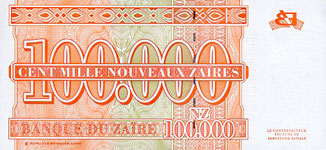 P77 Zaire 100.000 New Zaires Year 1996