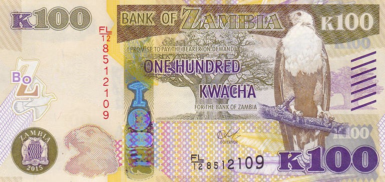 P61 Zambia 100 Kwacha Year 2015 (Blindmarks)