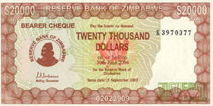 P 23e Zimbabwe 20000 Dollar 2003/dec.2004 Bearer Cheque