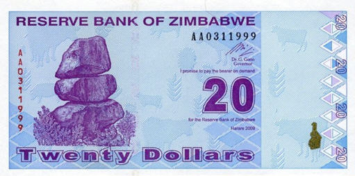 P 95 Zimbabwe 20 Dollars 2009
