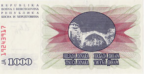 P 15 Bosnia Herzegovina 1000 Dinara Year 1992 V