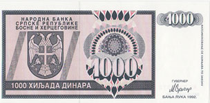 P137 Bosnia Herzegovina 1000 Dinara Year 1992 V