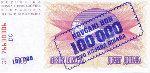 P 34b Bosnia Herzegovina 100.000 Dinara Year 1993