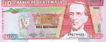 P 75 Guatamala 10 Quatzal Year 1990