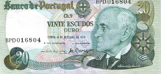 P176b Portugal 20 Escudos Year 1978