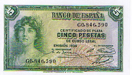 P 85 Spain 5 Pesetas Year 1935