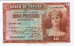 P 86 Spain 10 Pesetas Year 1935