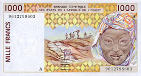 P111a Ivory Coast W.A.S. A 1000 Francs Year 1998