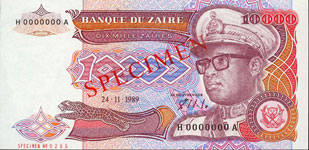P38S Zaire Specimen 10.000 Zaires Year 1989