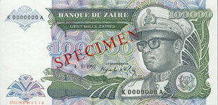 P41S Zaire Specimen 100.000 Zaires Year 1992