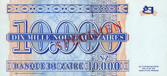 Zaire P70S-10.000 New Zaire Year 1995 SPECIMEN