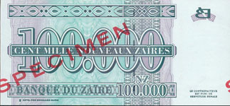 P77AS Zaire Specimen 100.000 New Zaire Year 1996