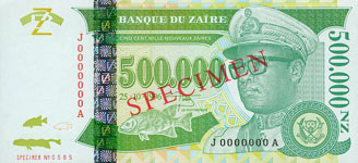 P78S Zaire Specimen 500.000 New Zaire Year 1996