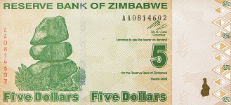 P 93 Zimbabwe 5 Dollar 2009