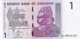 P 65 Zimbabwe 1 Dollar 2007 (10 zeros off)