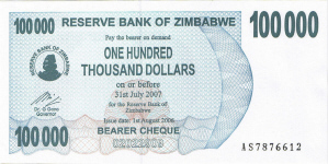 P 48b Zimbabwe Bearer Cheque 100.000 Dollars until 2007