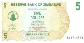 P 38 Zimbabwe Bearer Cheque 5 Dollar 2006