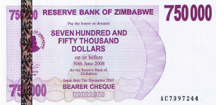 P 52 Zimbabwe Bearer Cheque 750.000 Dollars until 2008