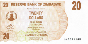 P 40 Zimbabwe Bearer Cheque 20 Dollar 2006