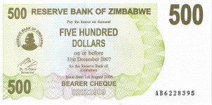 P 43 Zimbabwe Bearer Cheque 500 Dollar 2006