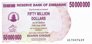 P 57 Zimbabwe Bearer Cheque 50.000.000 Dollars 2008