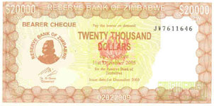 P 23e Zimbabwe 20000 Dollar 2005 Bearer Cheque